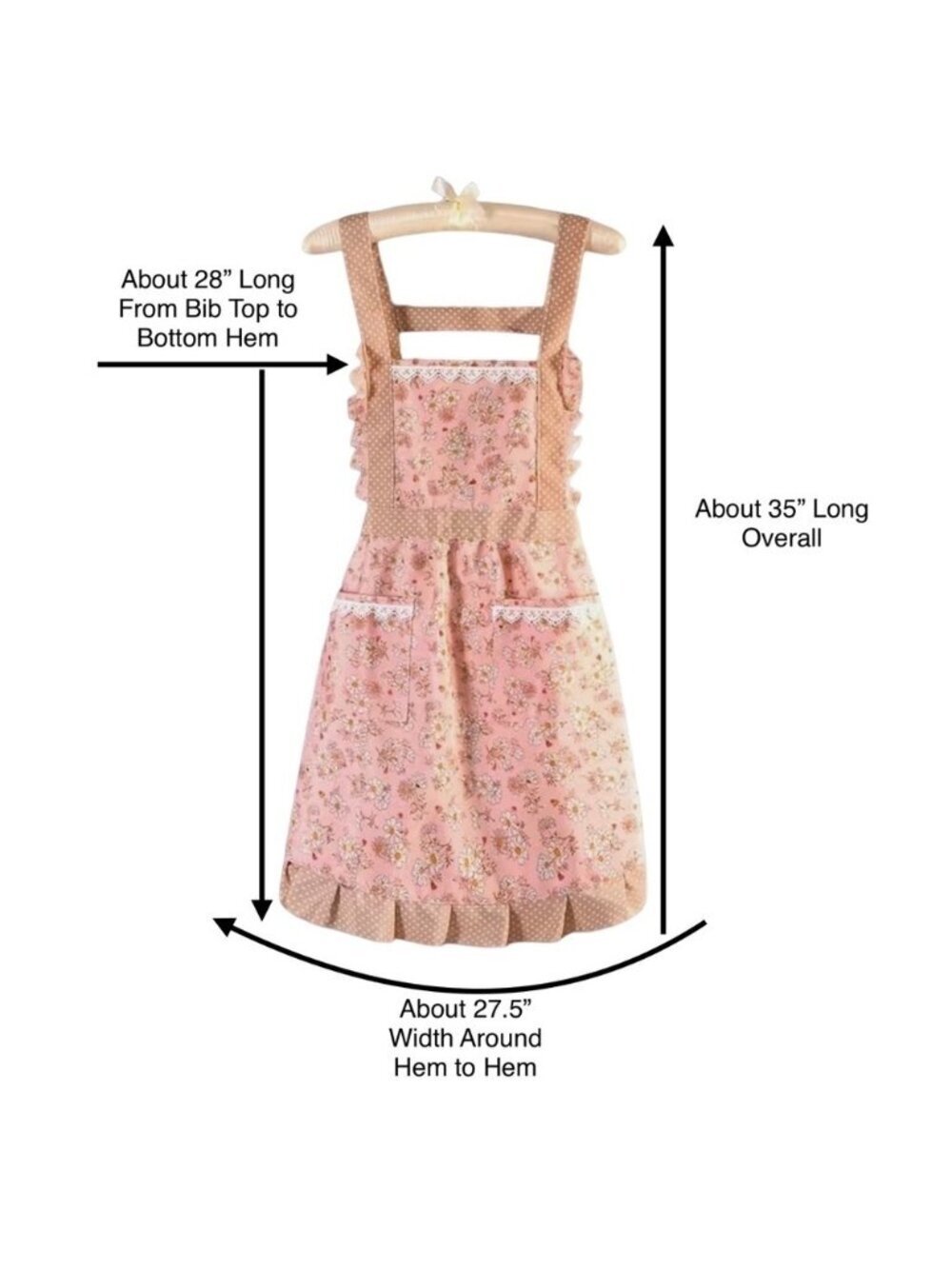Apron Retro Bib Style Adjustable Waist Tie Floral Polka Dot Womens Pink Tan OS - Picture 7 of 16